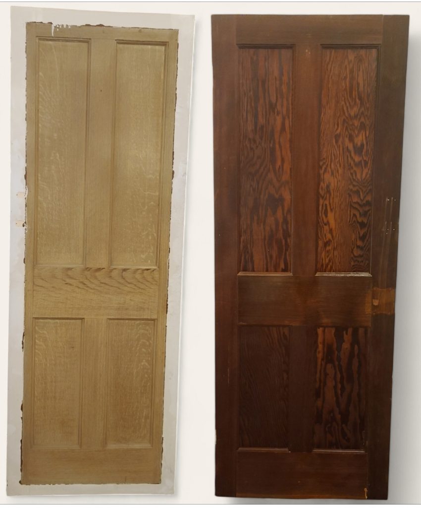 Professional paint stripping of a wooden door in Stoke-on-Trent, removing old layers to restore natural wood