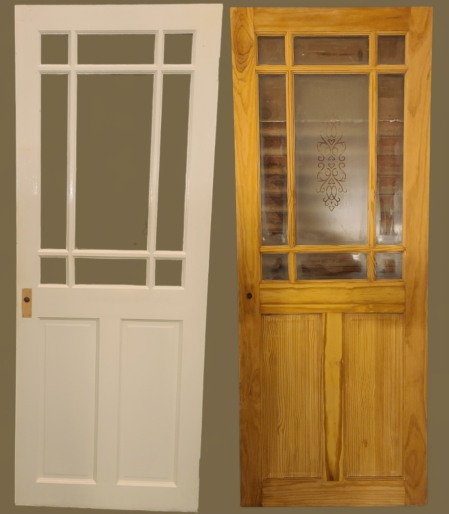 Professional paint stripping of a wooden door in Huddersfield, removing old layers to restore natural wood