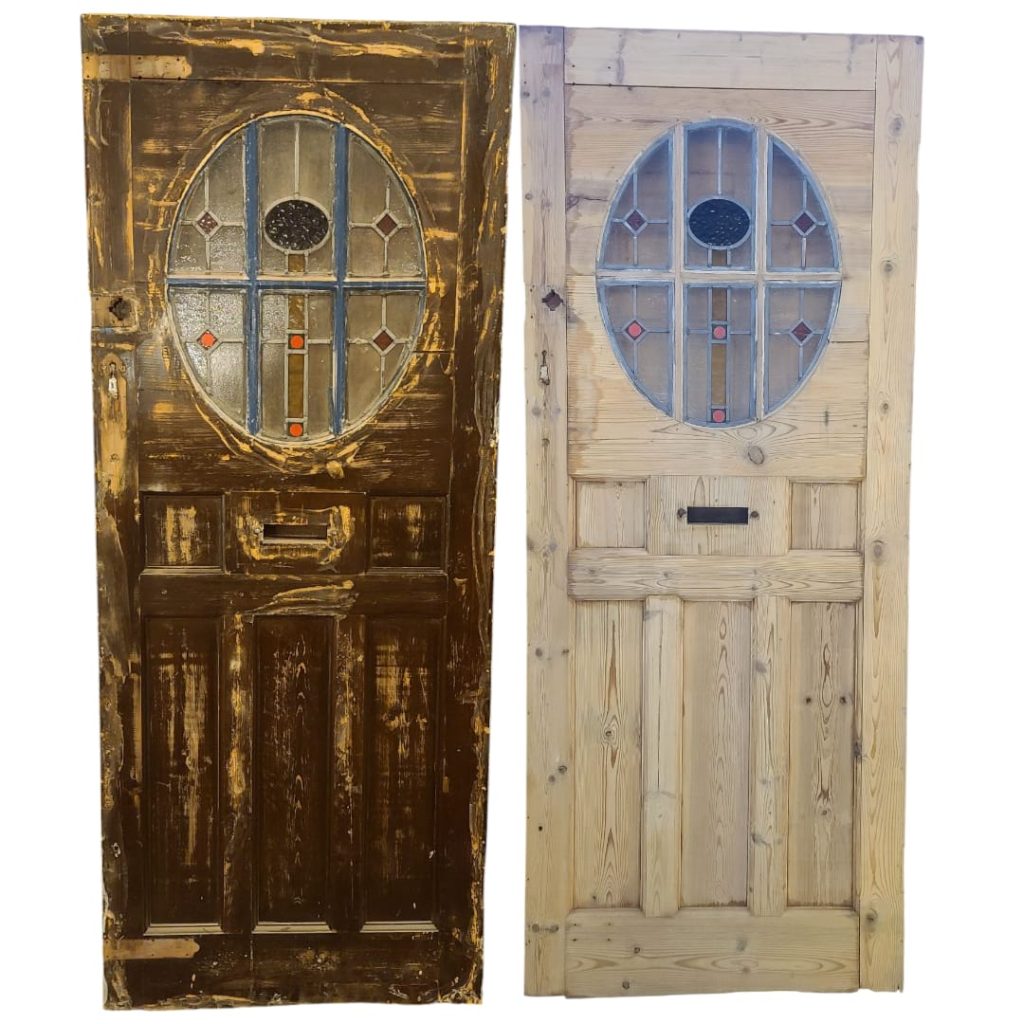 Professional paint stripping of a wooden door in Manchester, removing old layers to restore natural wood